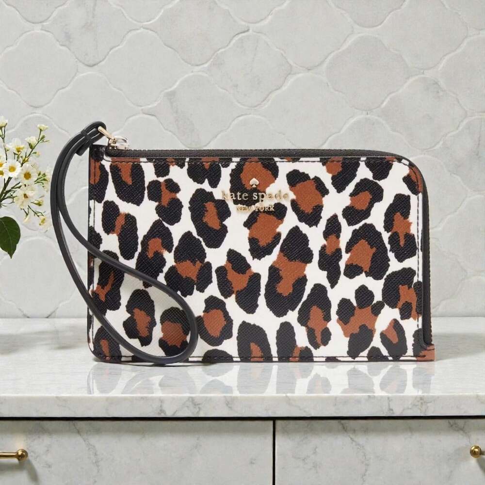 Kate Spade Lucy Leopard Small L Zip Wristlet in Cream Multi KH770